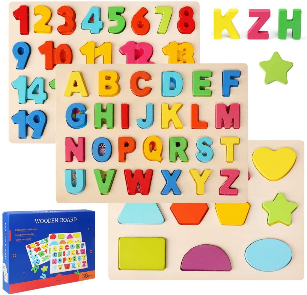 puzzle de madera números, letras y formas